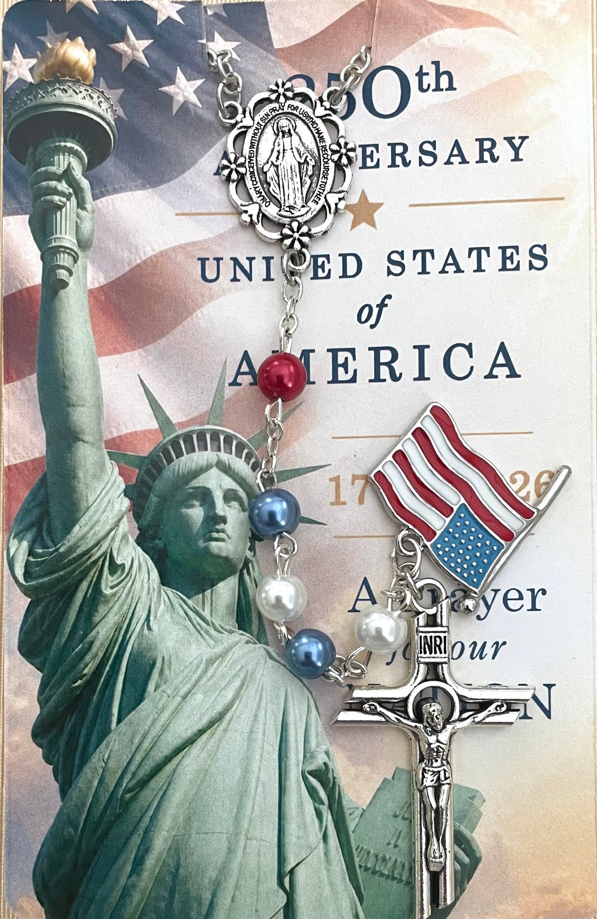 250th Anniversary USA Pearl Rosary Carded with Prayer on back in Hanging Display Bag