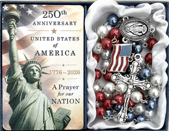 250th Anniversary USA Pearl Rosary Gift Boxed with Prayer Card
